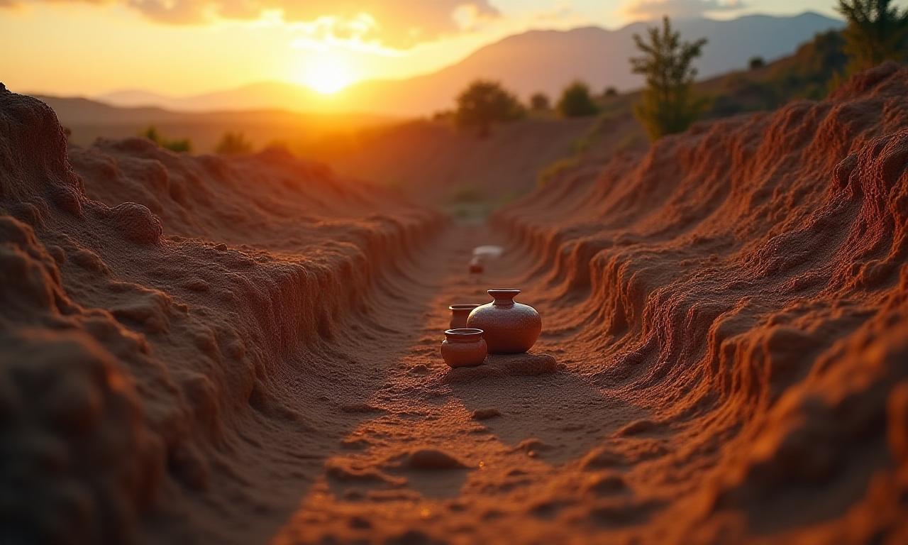 Historical excavation site with ancient pottery